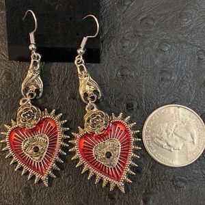 Silver & Red enamel dangling evil eye earrings w/ gemstone new